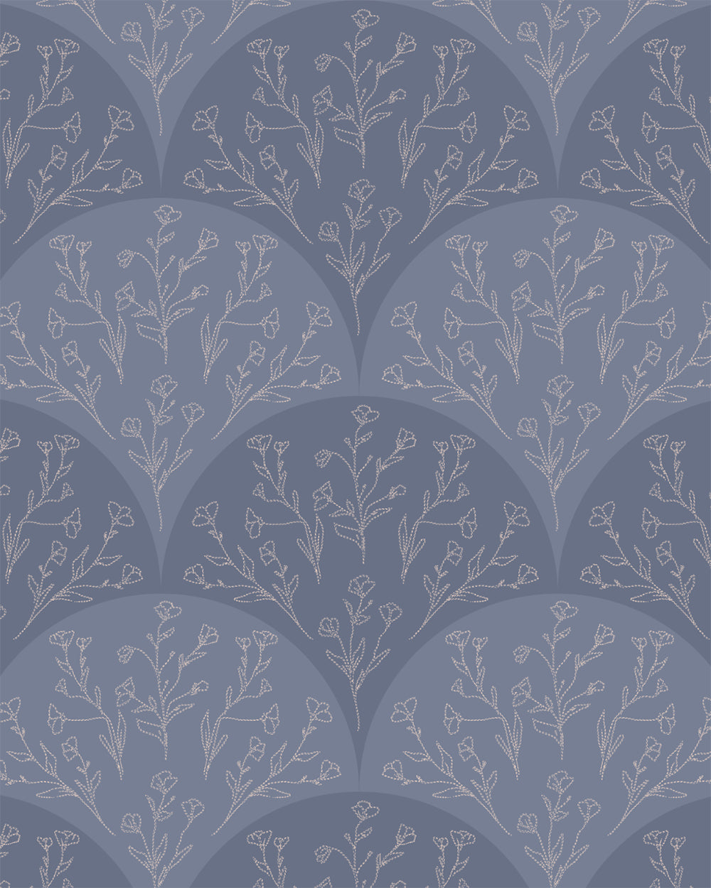 Stitched Meadow Dusty Blue wallpaper with scalloped arches and delicate hand-drawn floral sprigs.