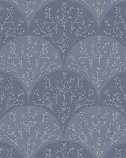 Stitched Meadow Dusty Blue wallpaper with scalloped arches and delicate hand-drawn floral sprigs.