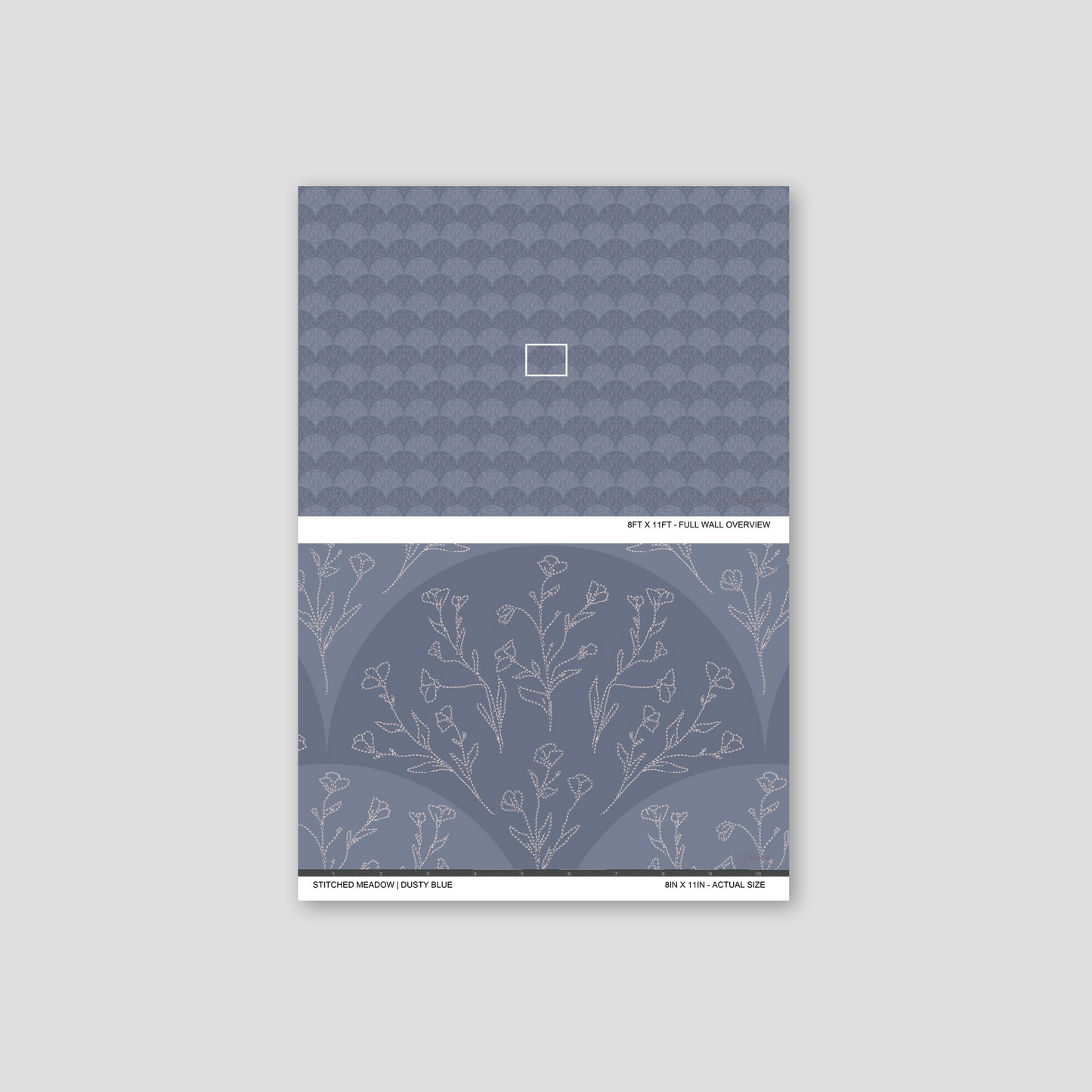 Stitched Meadow Dusty Blue wallpaper sample showing full wall scale and an actual-size view of the floral pattern.