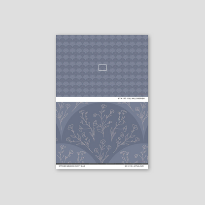 Stitched Meadow Dusty Blue wallpaper sample showing full wall scale and an actual-size view of the floral pattern.