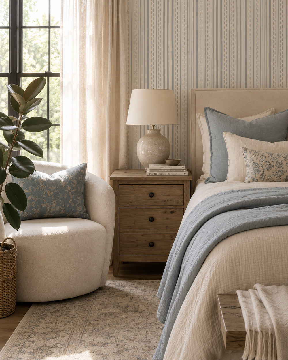Ticking Stripe Dusty Blue on Cream wallpaper in a cozy bedroom with wood furniture, cream bedding and soft blue accents.
