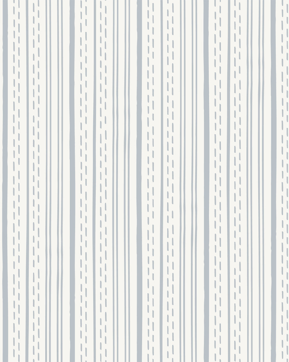 Ticking Stripe Dusty Blue on Cream wallpaper with hand-drawn blue stripes and dashed lines on a soft cream background.