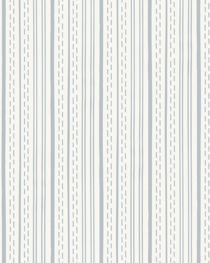 Ticking Stripe Dusty Blue on Cream wallpaper with hand-drawn blue stripes and dashed lines on a soft cream background.