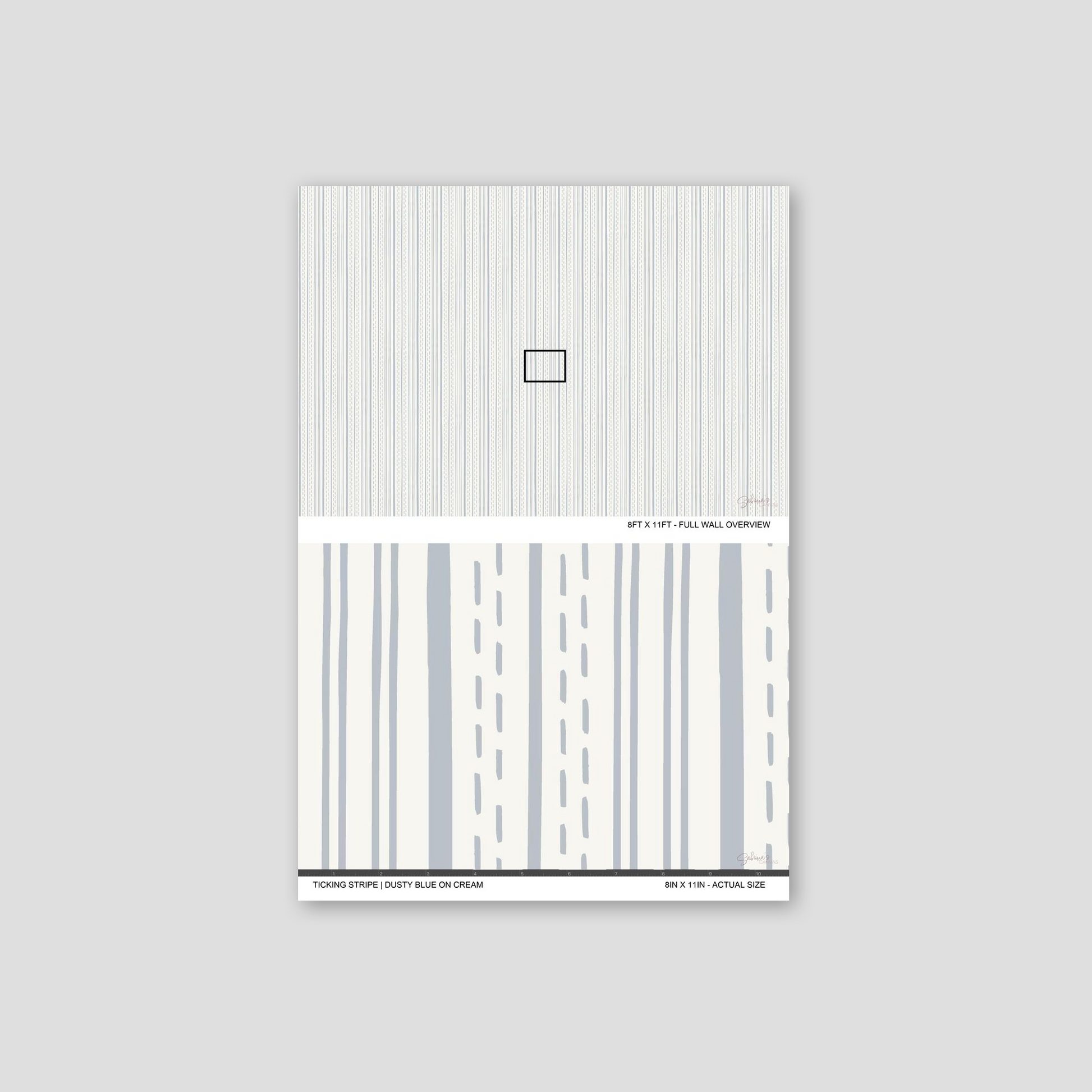 Ticking Stripe Dusty Blue on Cream wallpaper sample showing full wall scale and an actual-size view of the striped design.