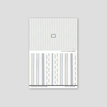 Ticking Stripe Dusty Blue on Cream wallpaper sample showing full wall scale and an actual-size view of the striped design.