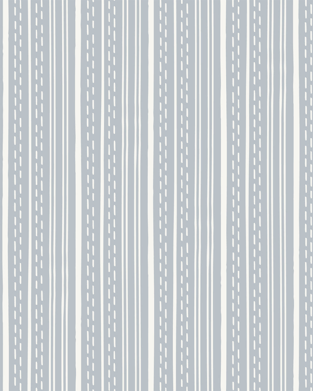 Ticking Stripe Dusty Blue wallpaper with hand-drawn blue stripes and dashed lines on a soft cream background.