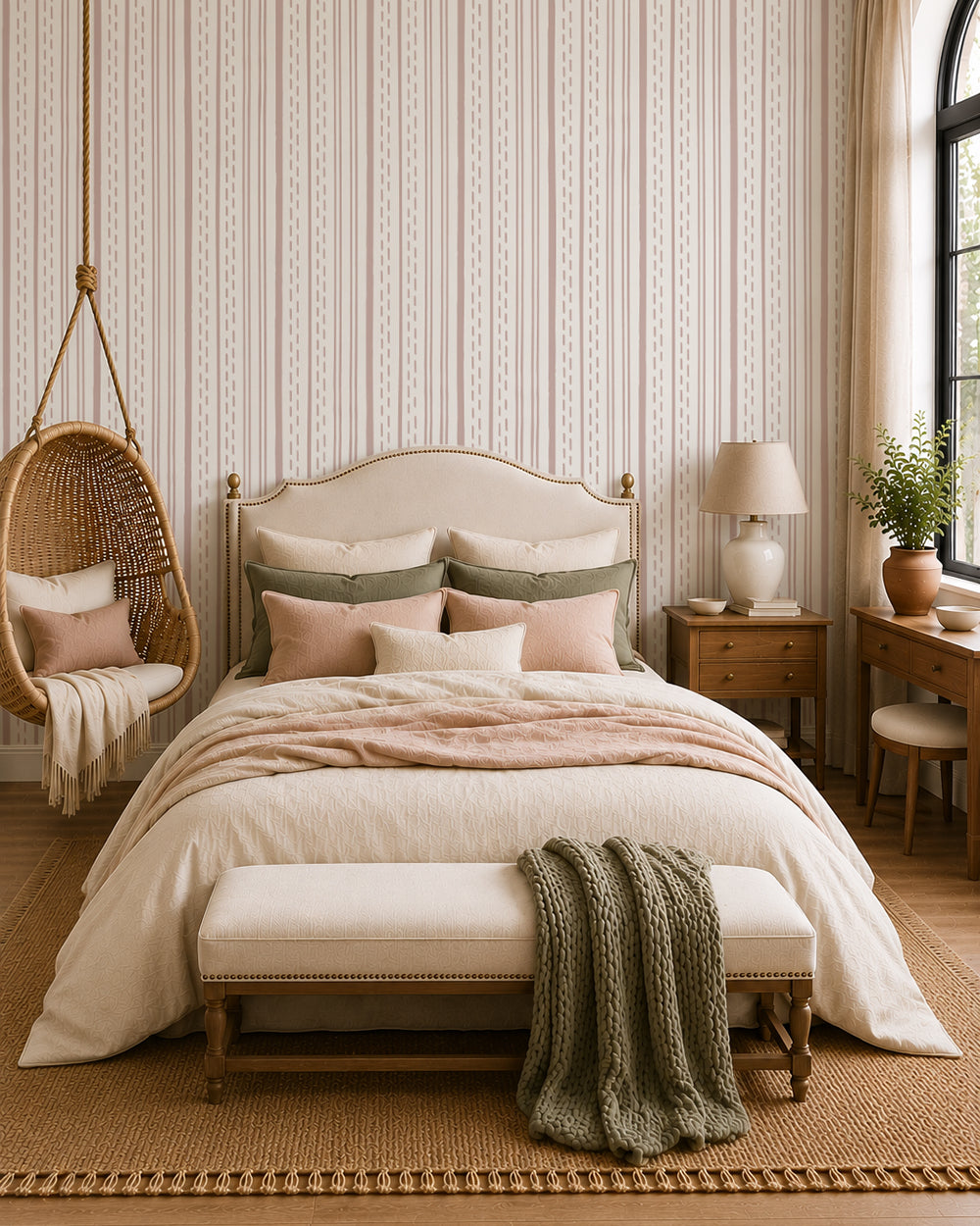Ticking Stripe Soft Blush on Cream wallpaper in a cozy bedroom with wood furniture, cream bedding and soft sage accents.