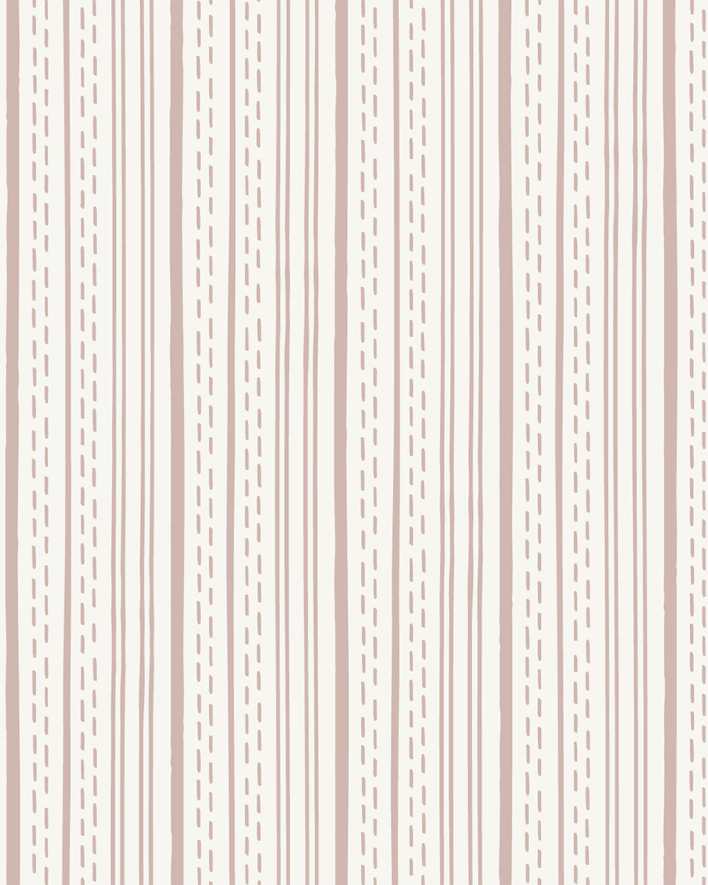Ticking Stripe Soft Blush on Cream wallpaper with hand-drawn blush stripes and dashed lines on a soft cream background.