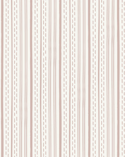 Ticking Stripe Soft Blush on Cream wallpaper with hand-drawn blush stripes and dashed lines on a soft cream background.