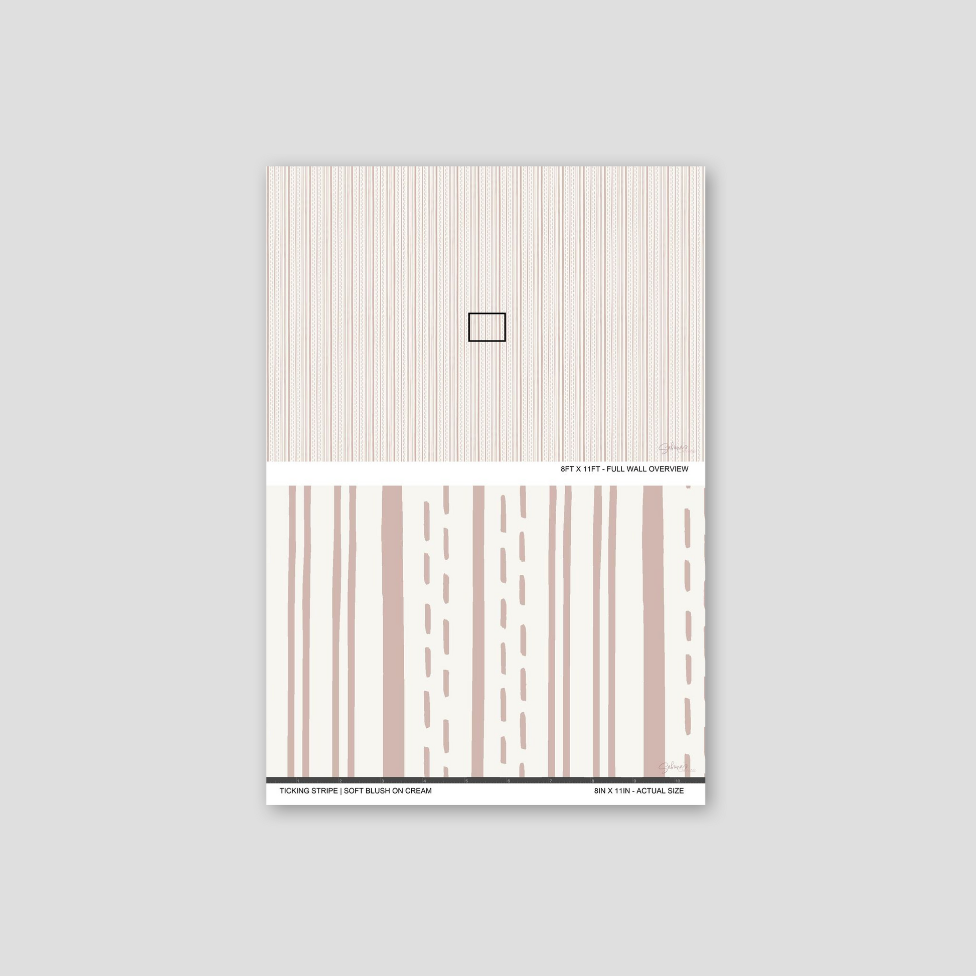 Ticking Stripe Soft Blush on Cream wallpaper sample showing full wall scale and an actual-size view of the striped design.