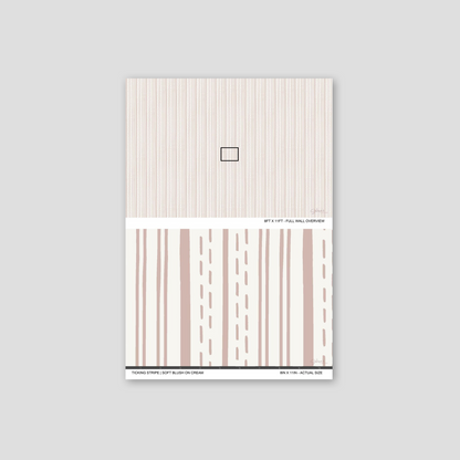 Ticking Stripe Soft Blush on Cream wallpaper sample showing full wall scale and an actual-size view of the striped design.