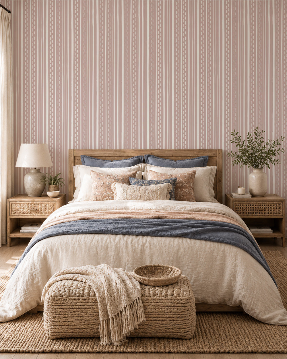 Ticking Stripe Soft Blush wallpaper in a cozy bedroom with wood furniture, cream bedding and soft blue accents.