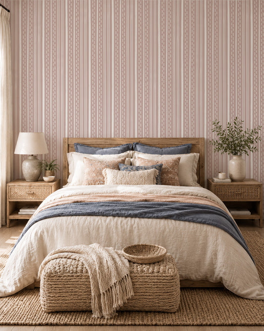 Ticking Stripe Soft Blush wallpaper in a cozy bedroom with wood furniture, cream bedding and soft blue accents.