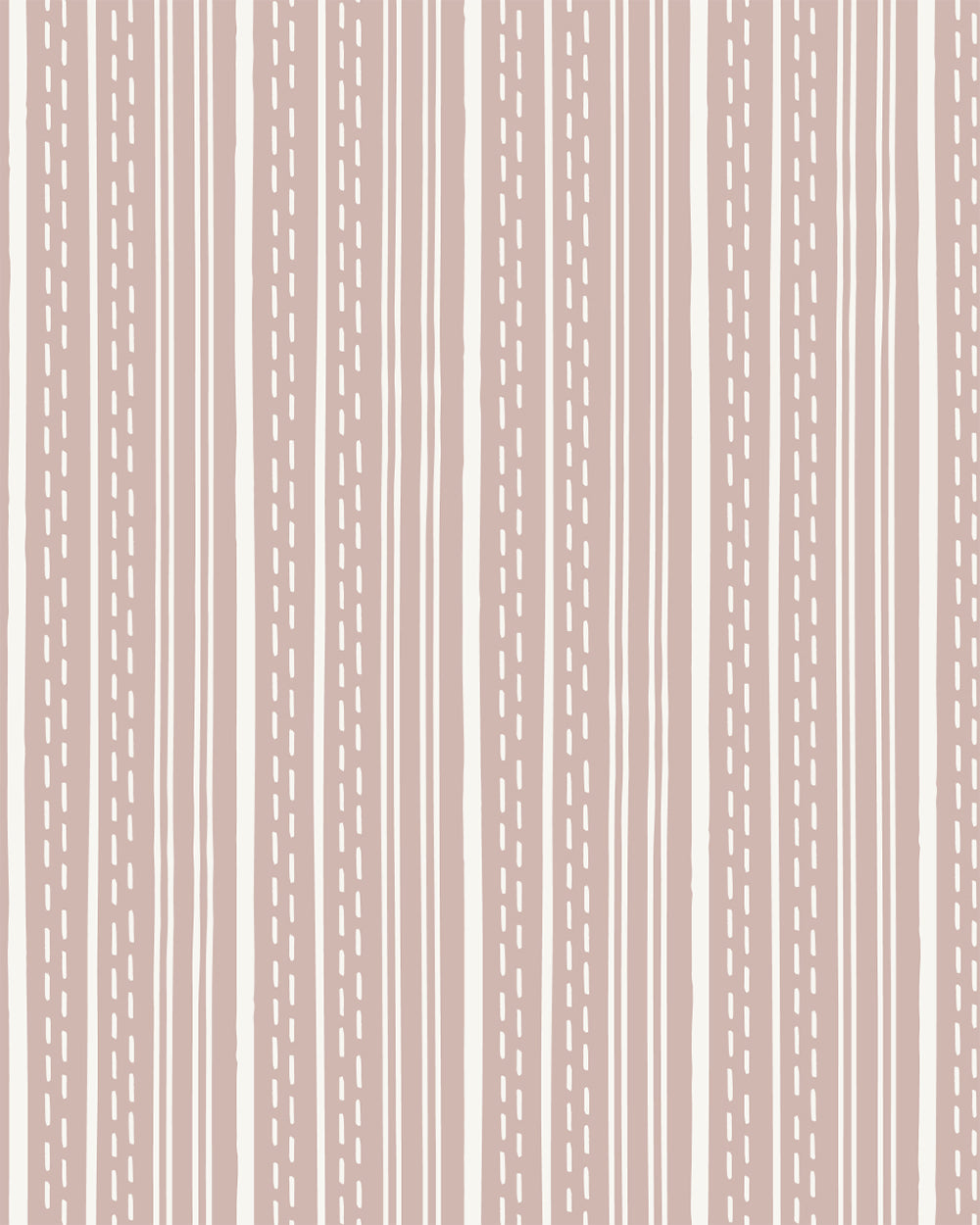 Ticking Stripe Soft Blush wallpaper with hand-drawn blush stripes and dashed lines on a soft cream background.