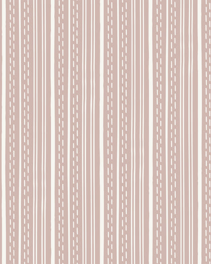 Ticking Stripe Soft Blush wallpaper with hand-drawn blush stripes and dashed lines on a soft cream background.