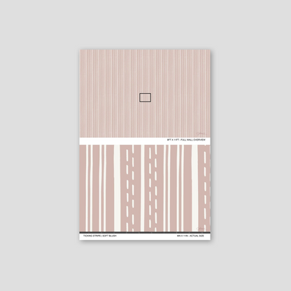 Ticking Stripe Soft Blush wallpaper sample showing full wall scale and an actual-size view of the striped design.