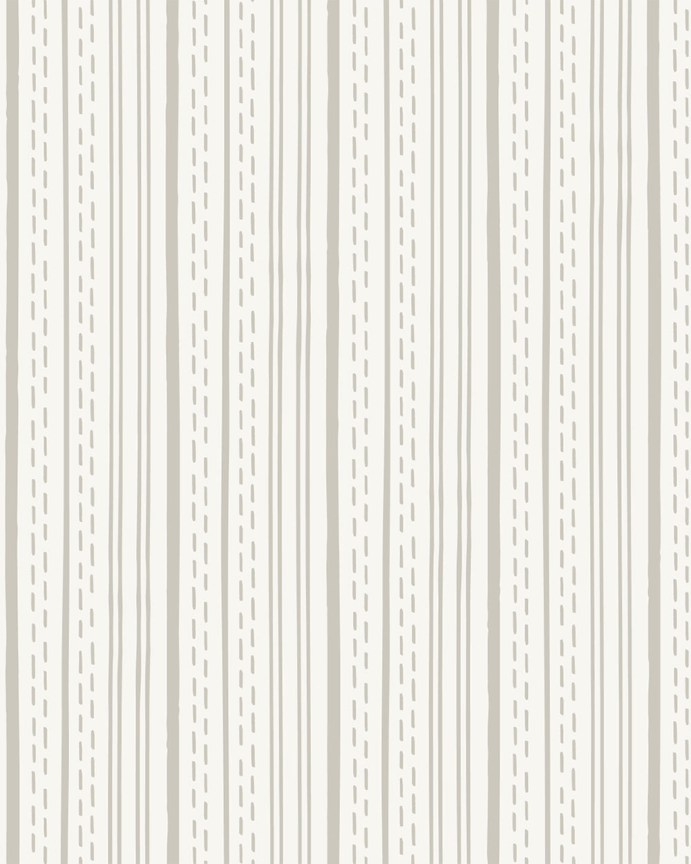 Ticking Stripe Soft Taupe on Cream wallpaper with hand-drawn taupe stripes and dashed lines on a soft cream background.