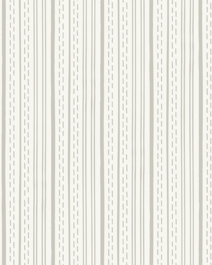 Ticking Stripe Soft Taupe on Cream wallpaper with hand-drawn taupe stripes and dashed lines on a soft cream background.