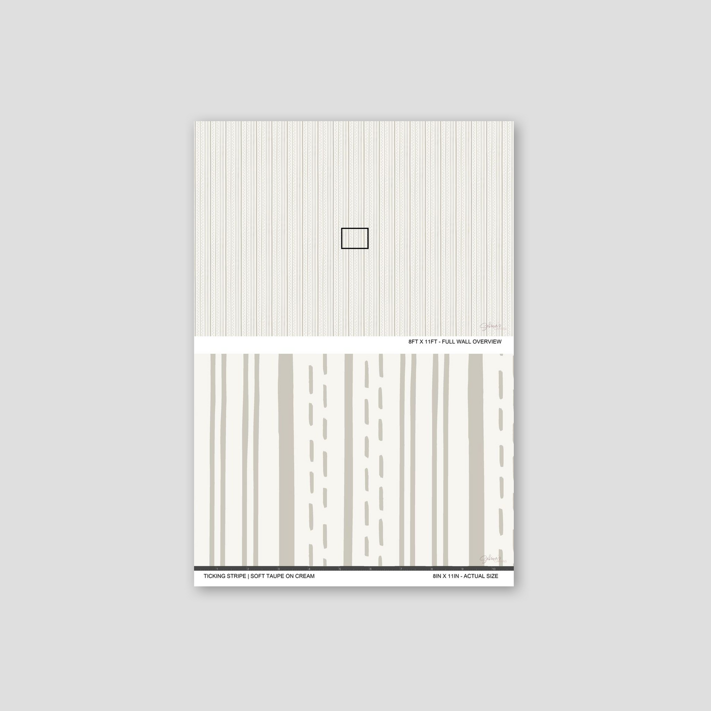 Ticking Stripe Soft Taupe on Cream wallpaper sample showing full wall scale and an actual-size view of the striped design.
