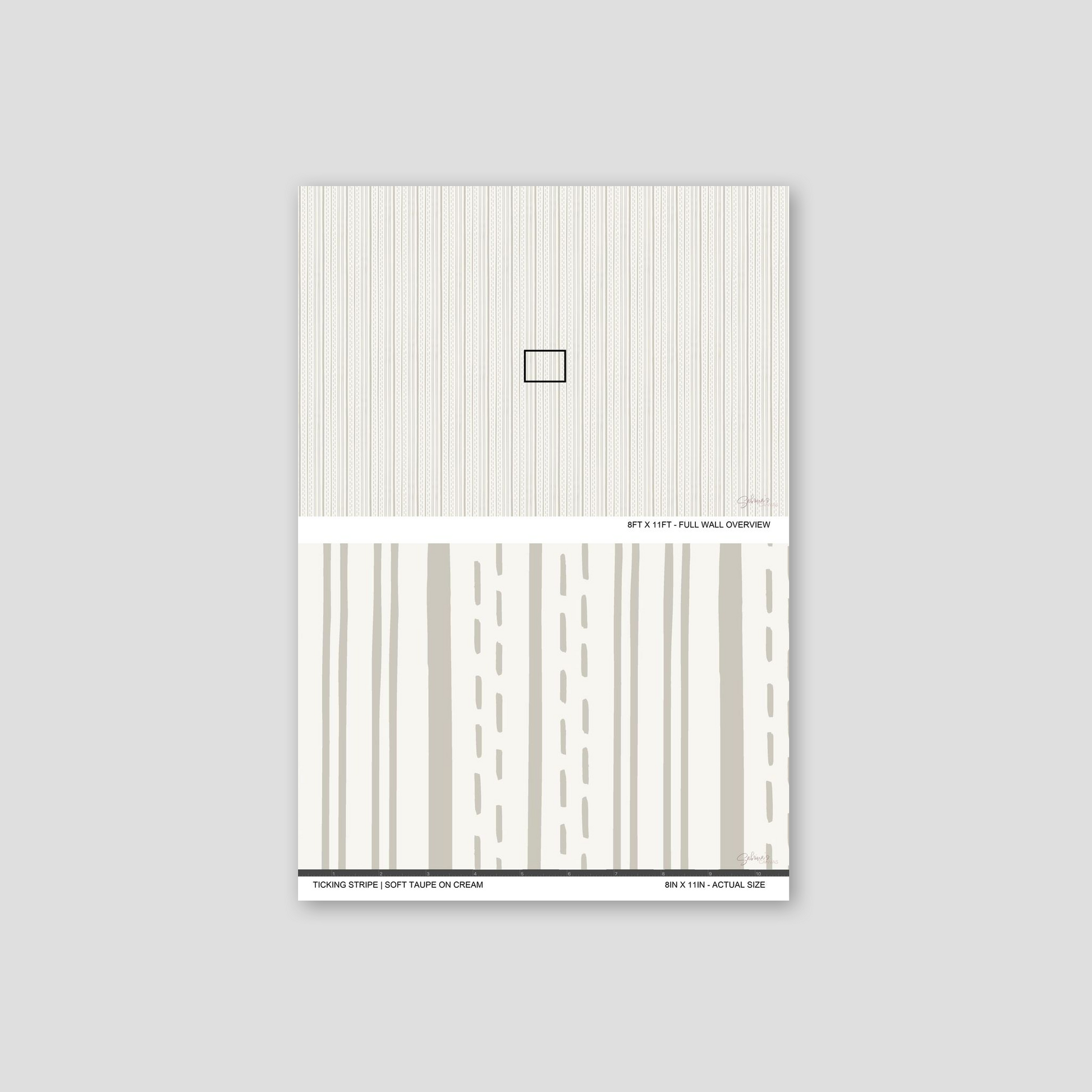 Ticking Stripe Soft Taupe on Cream wallpaper sample showing full wall scale and an actual-size view of the striped design.