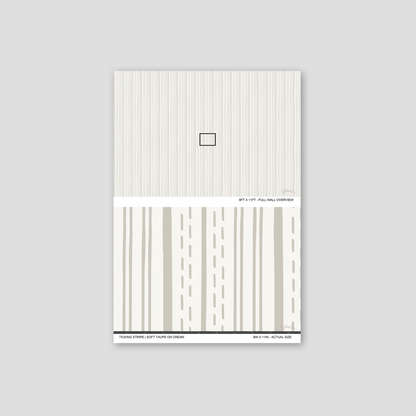 Ticking Stripe Soft Taupe on Cream wallpaper sample showing full wall scale and an actual-size view of the striped design.