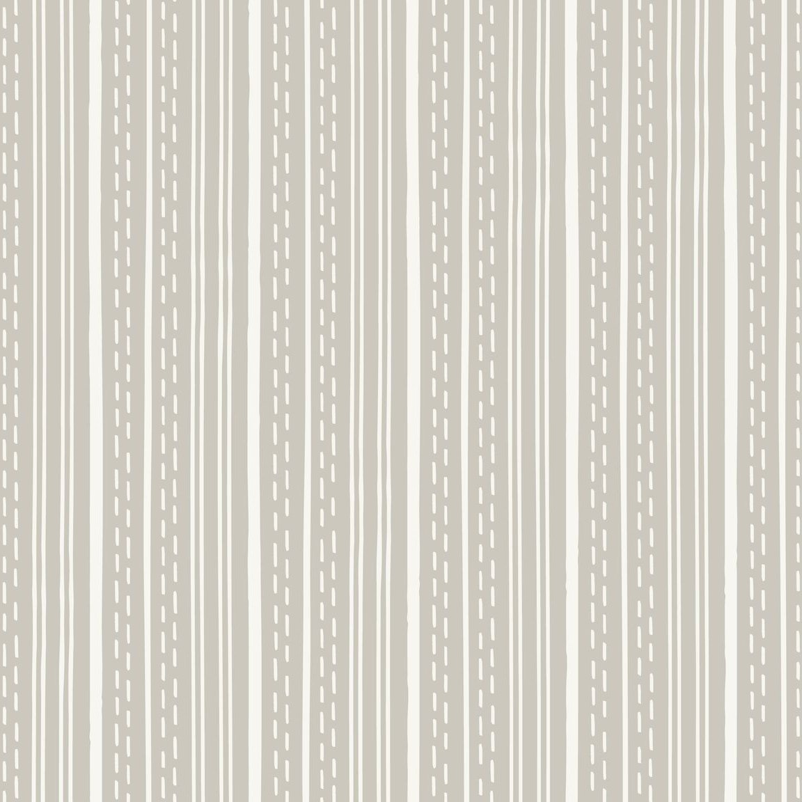 Ticking Stripe Soft Taupe wallpaper with hand-drawn cream stripes and dashed lines on a warm taupe background.