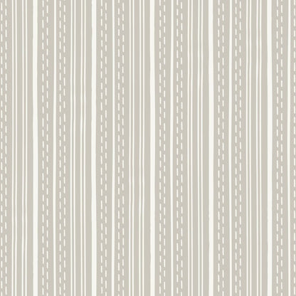 Ticking Stripe Soft Taupe wallpaper with hand-drawn cream stripes and dashed lines on a warm taupe background.
