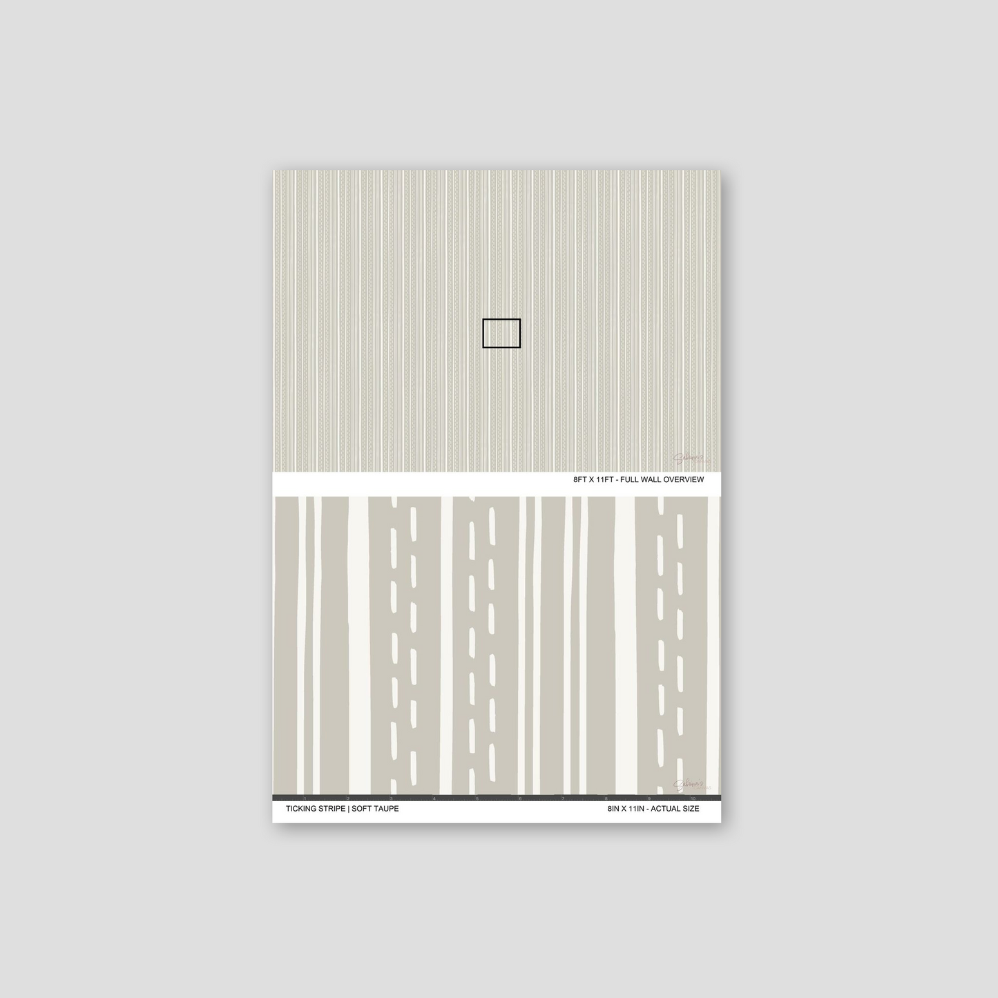 Ticking Stripe Soft Taupe wallpaper sample showing full wall scale and an actual-size view of the striped design.