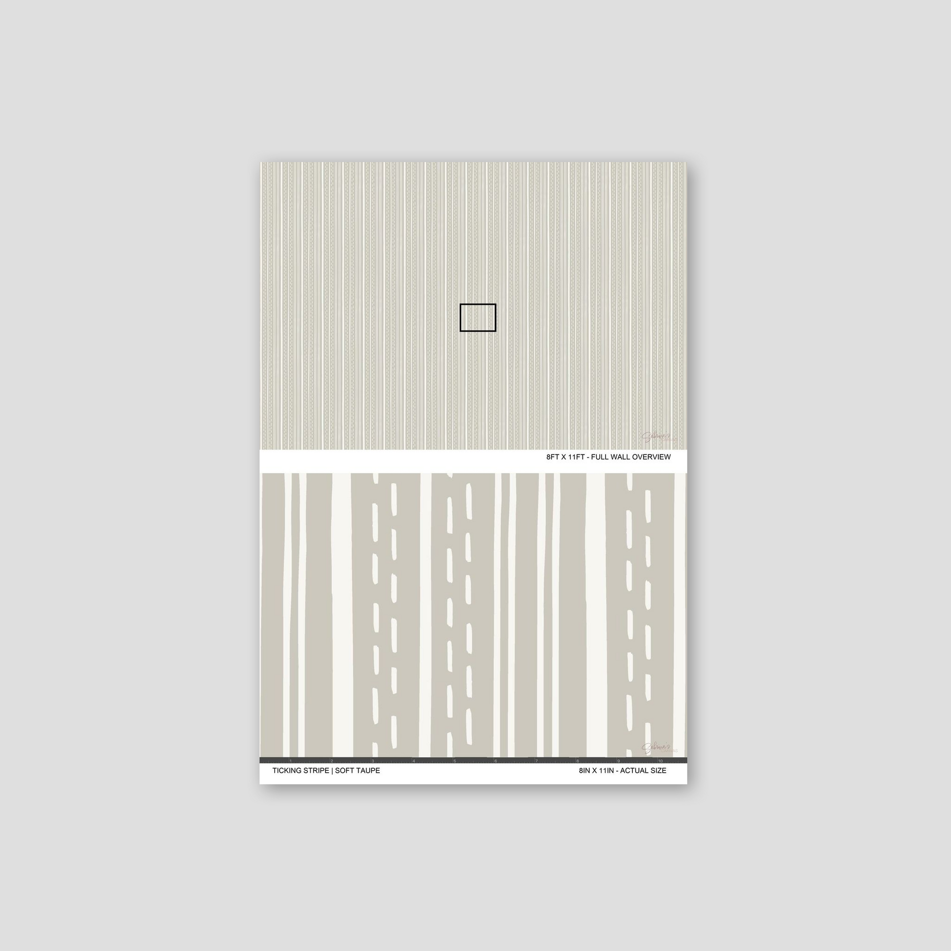 Ticking Stripe Soft Taupe wallpaper sample showing full wall scale and an actual-size view of the striped design.