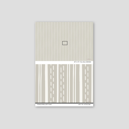 Ticking Stripe Soft Taupe wallpaper sample showing full wall scale and an actual-size view of the striped design.
