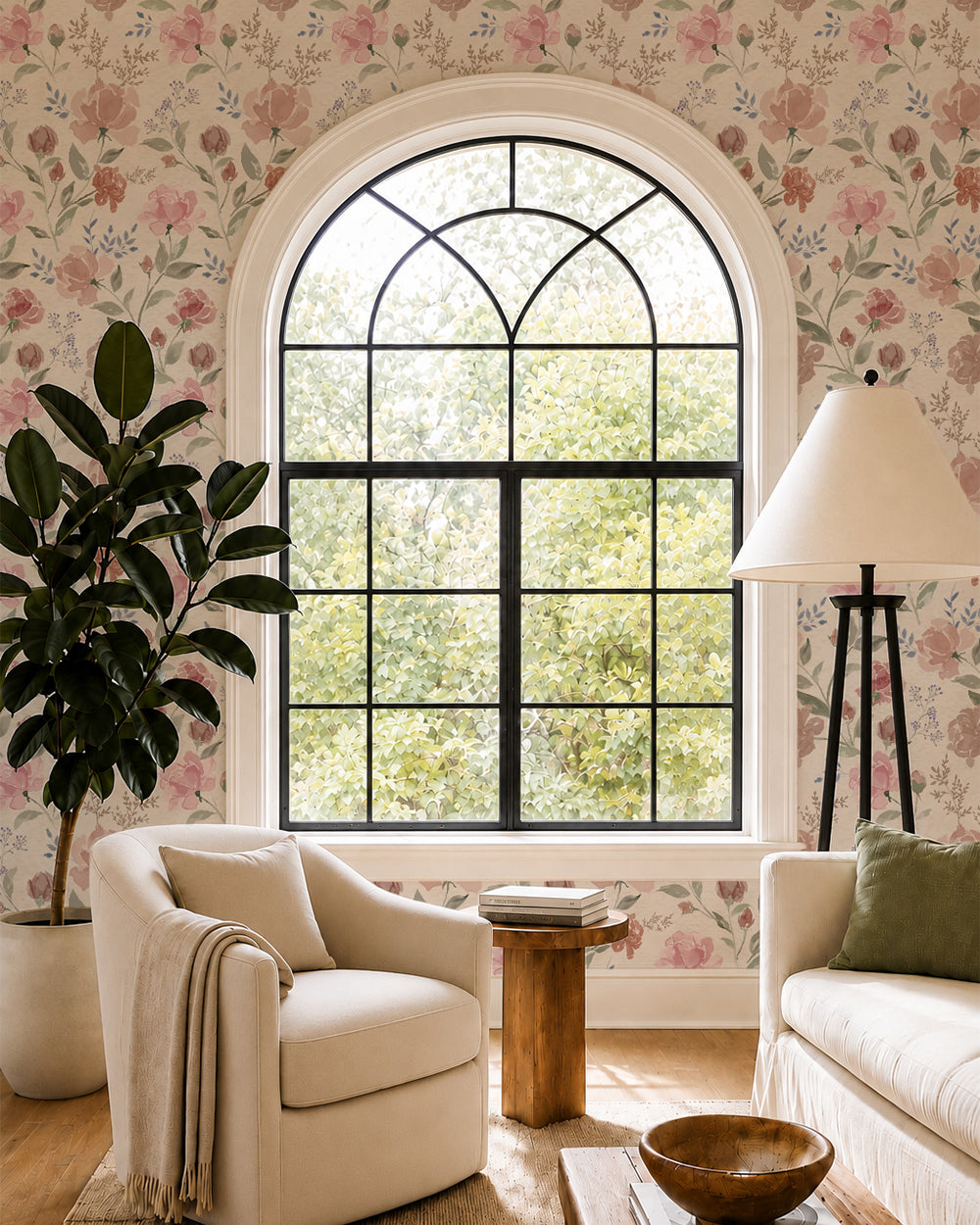 Vintage Peony Blush floral wallpaper in a bright living room with an arched window, cream seating and a leafy plant.