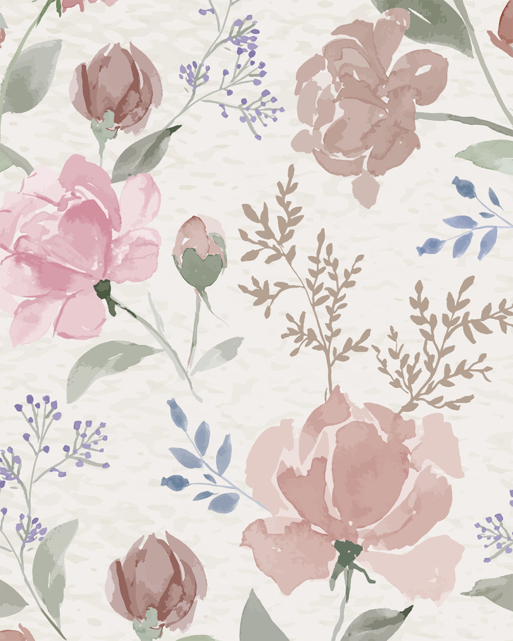 Vintage Peony Blush wallpaper with painterly peony blooms, leafy stems and soft blue botanical accents on a cream background.