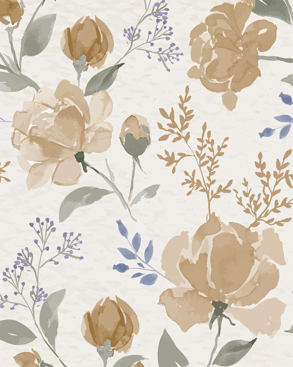 Vintage Peony Honey wallpaper with painterly peonies, muted green leaves and soft blue botanical accents.