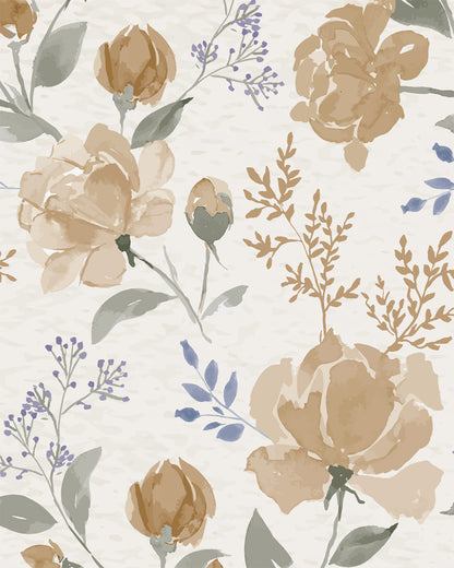 Vintage Peony Honey wallpaper with painterly peonies, muted green leaves and soft blue botanical accents.