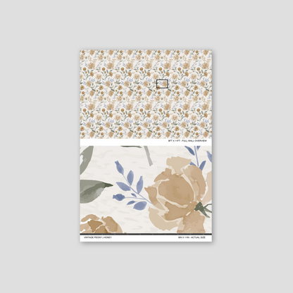 Vintage Peony Honey wallpaper sample showing the full wall scale and an actual-size view of the peony floral design.